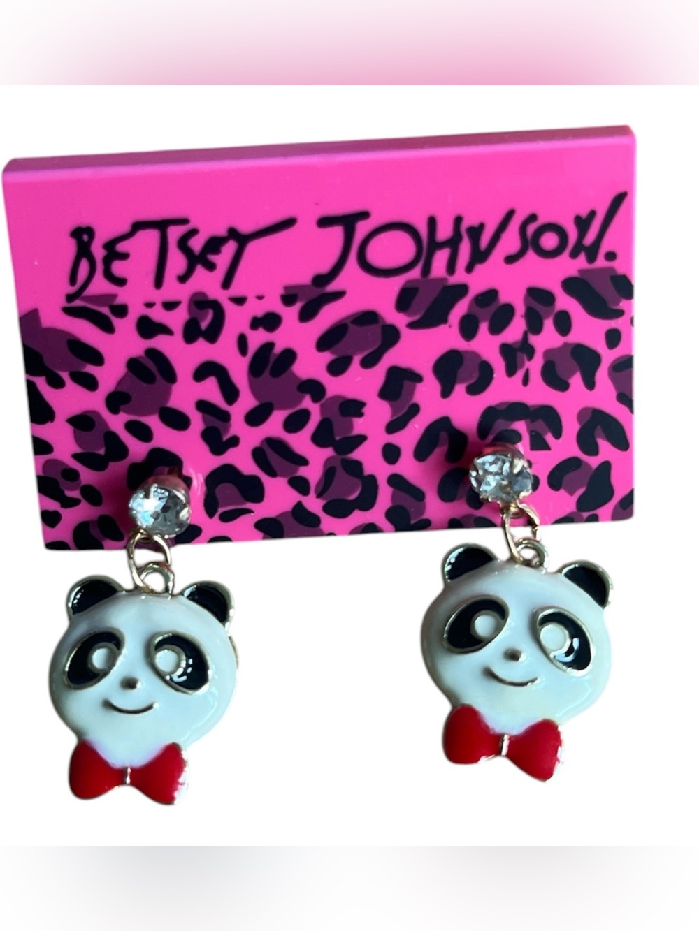 Betsey Johnson Panda Drop Earrings in White and Red